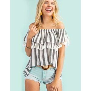 Kori America Striped Off The Shoulder Tassel Top Small